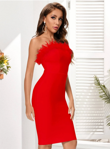 Lessie Strapless Feather Bandage Dress - SunsetFashionLA